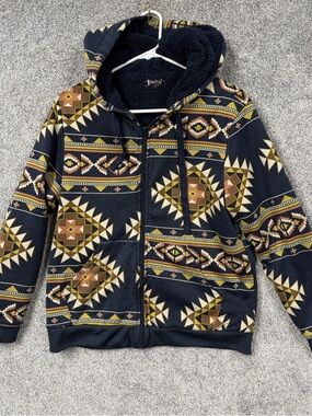 Canyon Creek Hoodie Womens Blue Aztec Sherpa Lined Full Zip Fleece Southwest